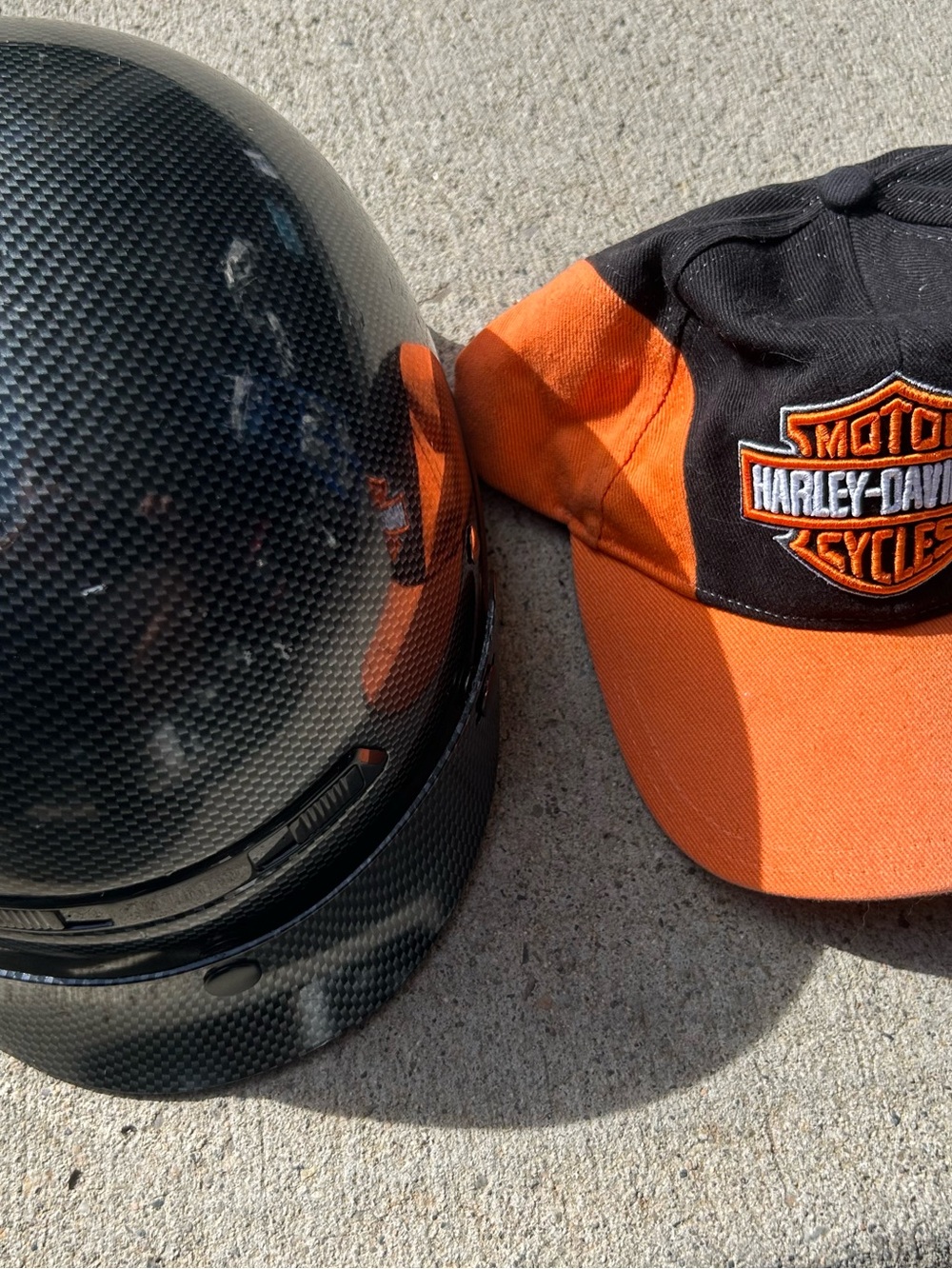 Harley-Davidson Orange & Black Baseball Hat and Carbon 1/2 Helmet
